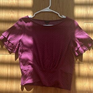 Ann Taylor violet blouse with orange polka dots